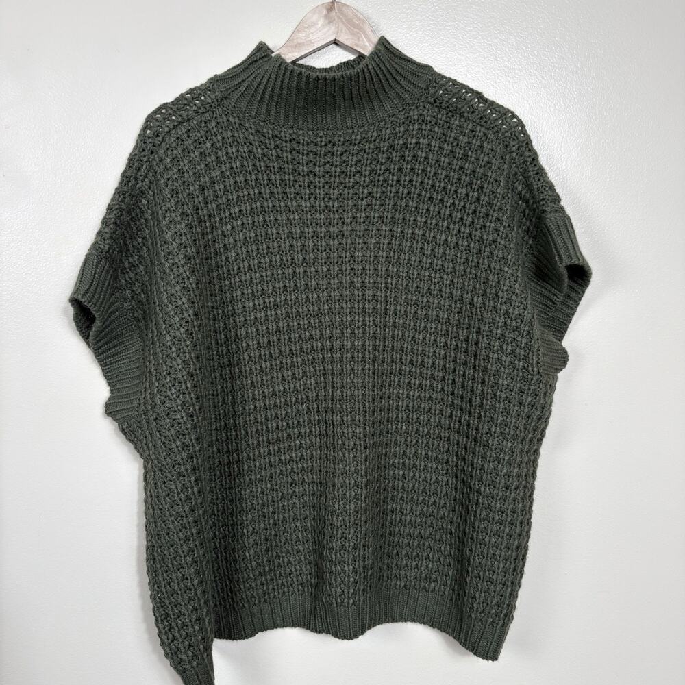 Womens Chunky Knit Mock Neck Poncho Sweater Vest Green Oversized Sleeveless